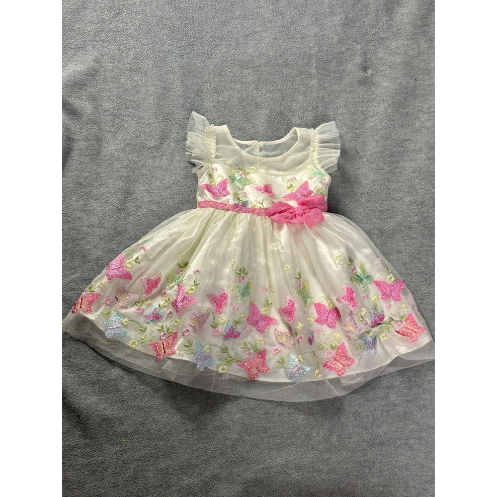 Jona Michelle Girls Butterfly Embroidered Tulle Dress‎ Ivory Pink 2T CO6894
